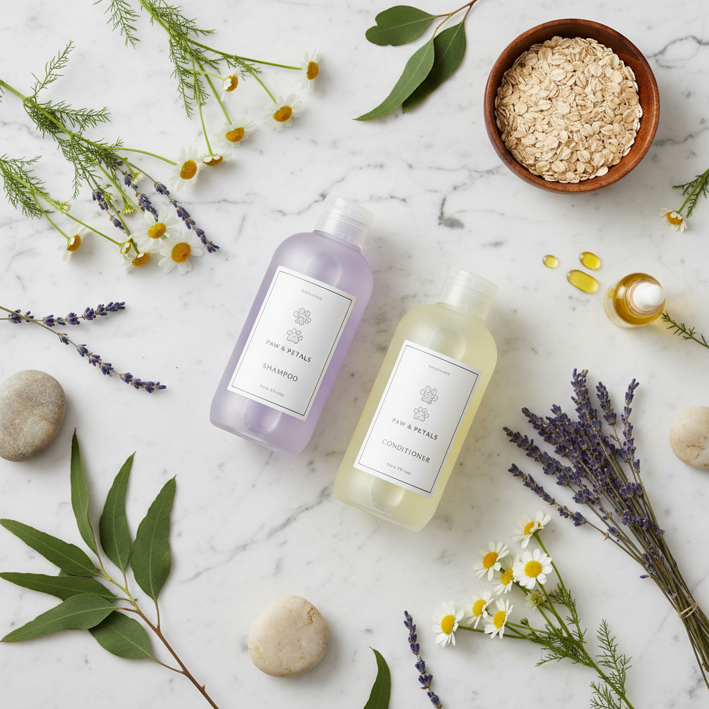 Dog Shampoo Flat Lay with Natural Ingredients