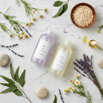 Dog Shampoo Flat Lay with Natural Ingredients