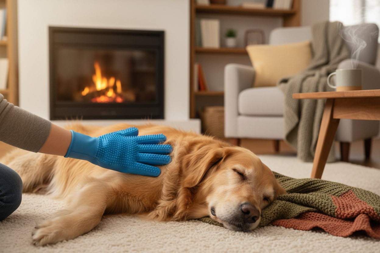 Owner Massaging Dog with Grooming Glove