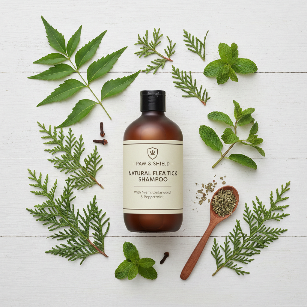 Pet Flea Shampoo Flat Lay with Natural Herbs