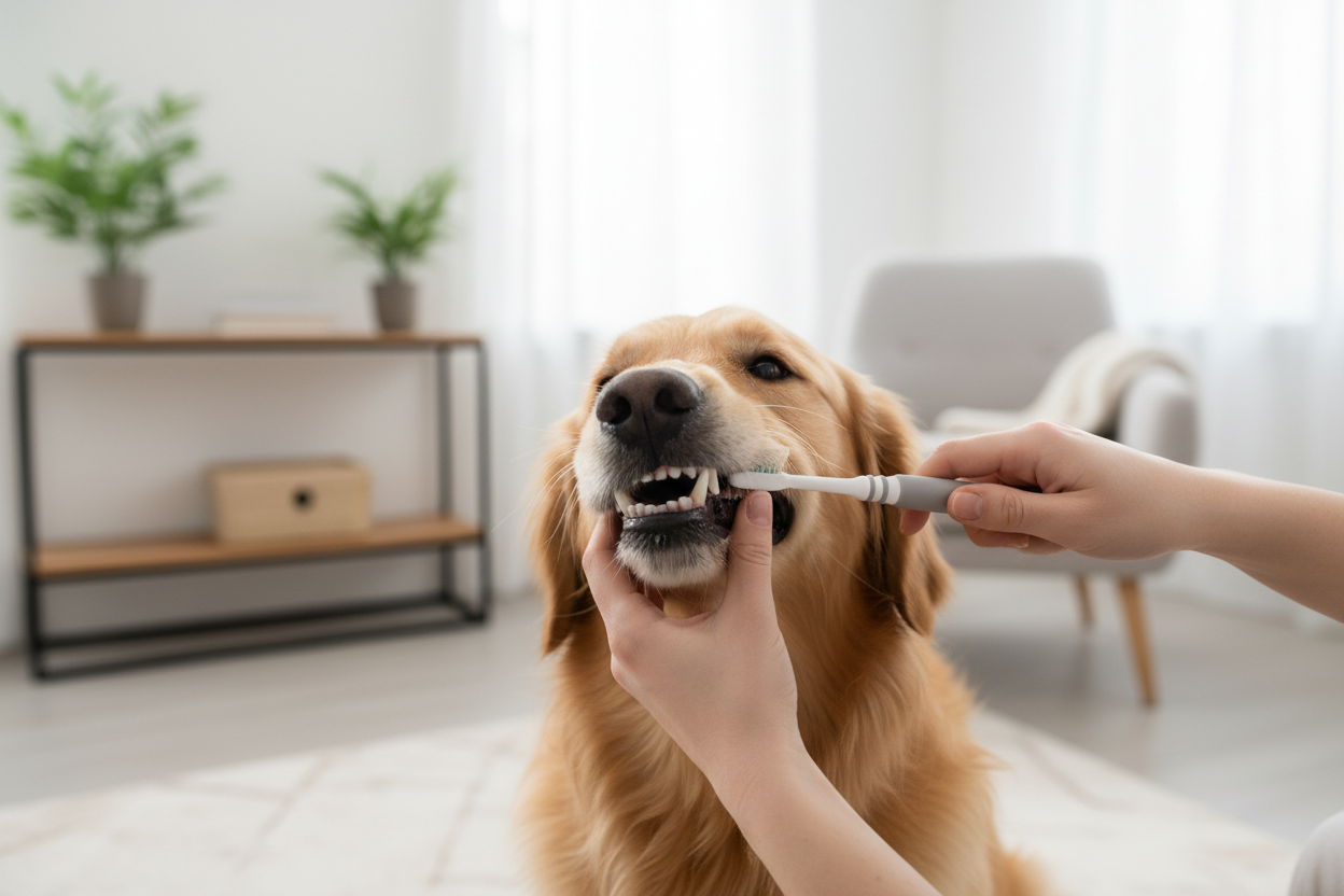 Owner Brushing Dog Teeth
