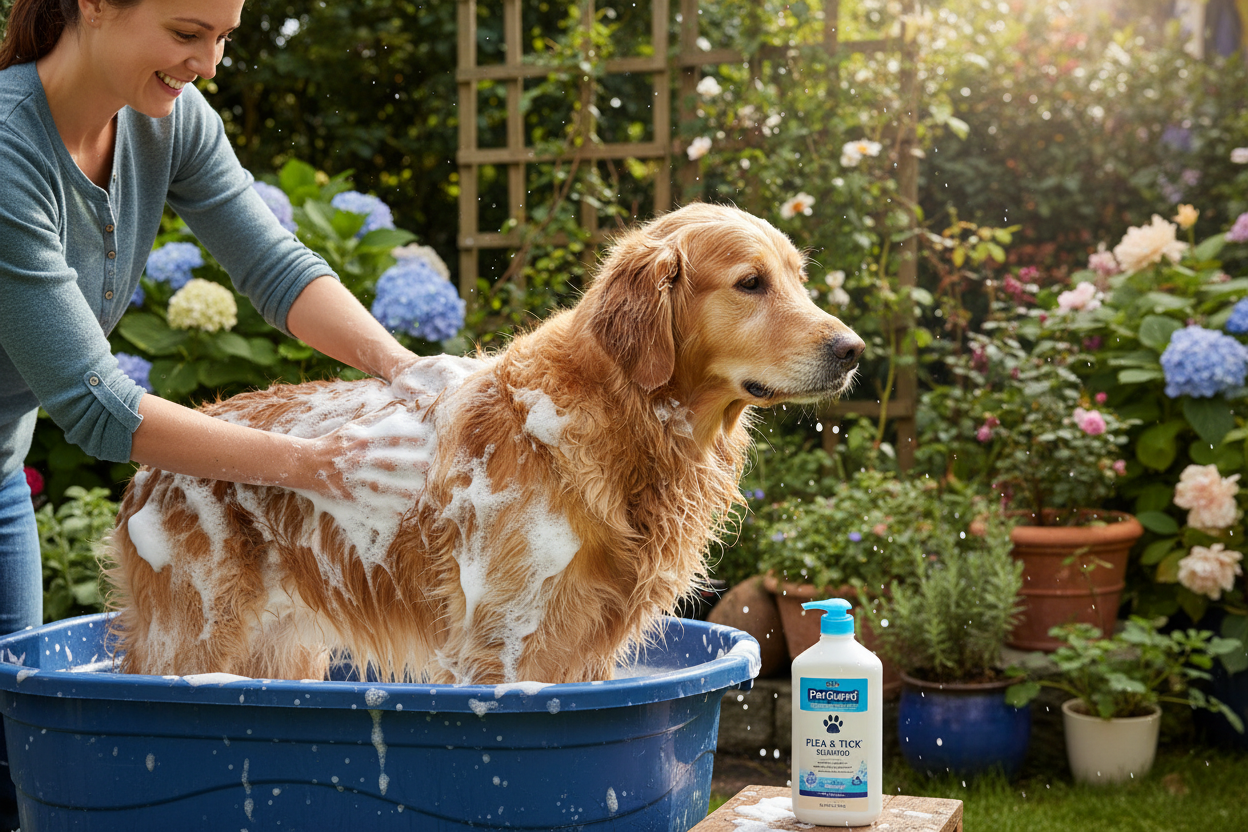Dog Being Bathed with Flea Shampoo