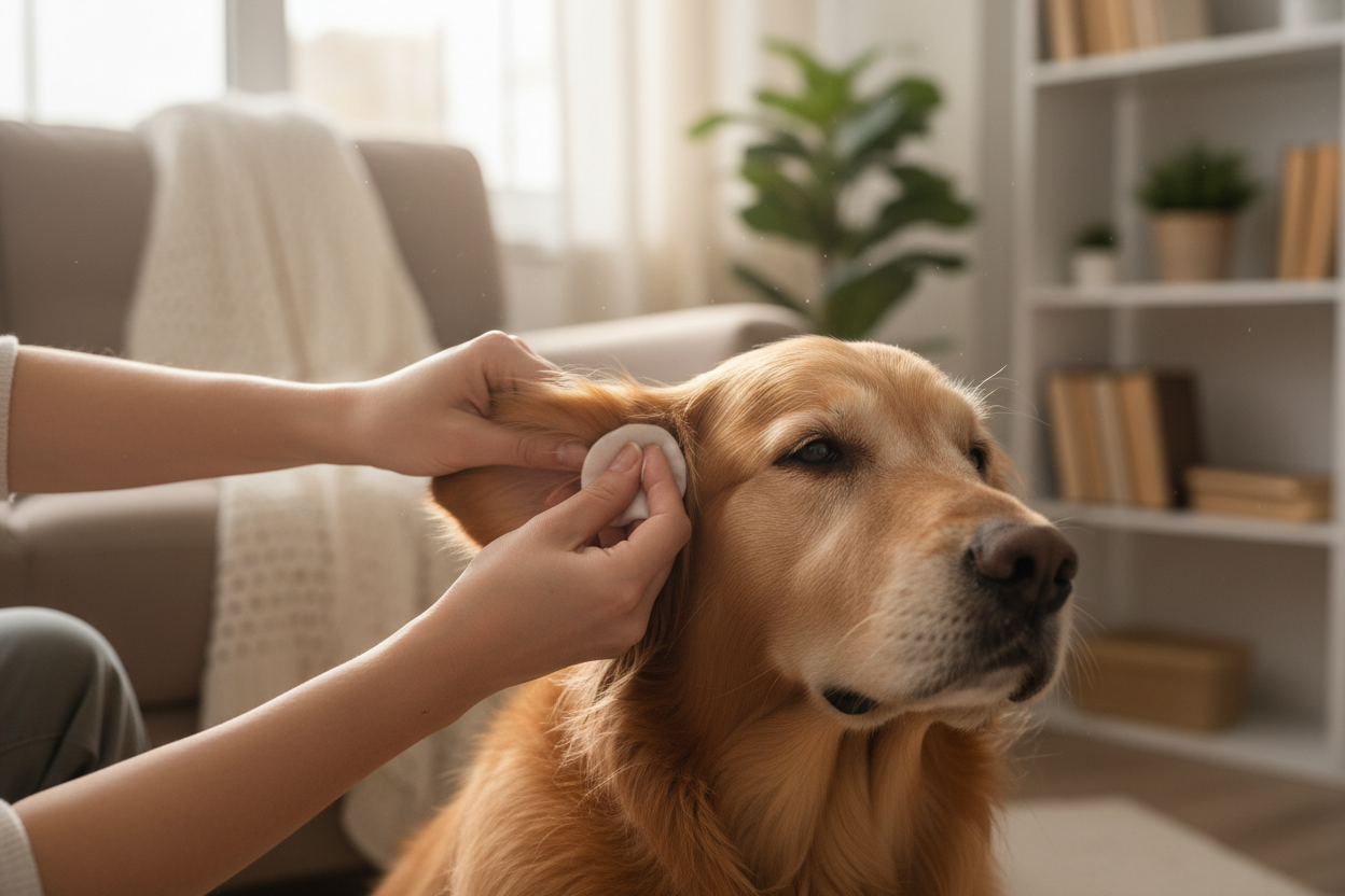 Owner Cleaning Dog Ear