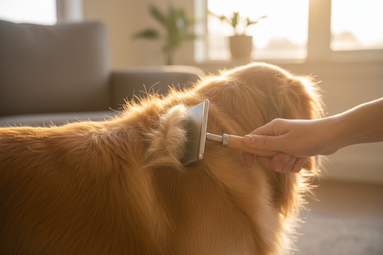 Pet Grooming Brush in use on Golden Retriever